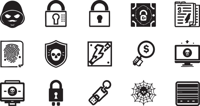 Cyber Security and Hacking Data Protection Silhouette Icon Set