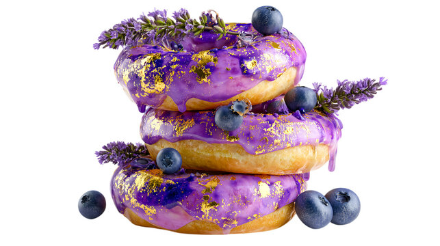 Stack of three purple donuts with gold leaf on transparent background donut glaze blueberries lavender flowers