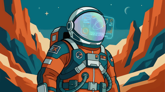 Astronaut in Orange and Teal Spacesuit on Mars Surface with Holographic Helmet Display, Flat Vector Illustration of Space Explorer and Alien Rocky Landscape, Futuristic Science Fiction Concept