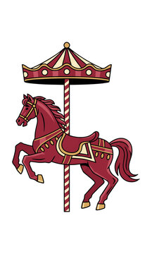 Stylized vintage carousel horse in a dynamic rearing pose under a striped canopy featuring bold flat colors and clean geometry for a playful amusement park concept