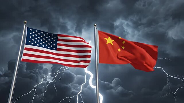 USA and China Flags in Stormy Sky International Relations Concept - The American and Chinese flags wave in the wind against a dramatic backdrop of a stormy sky filled with dark clouds and lightning.