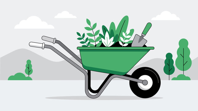 Green wheelbarrow with plants and shovel