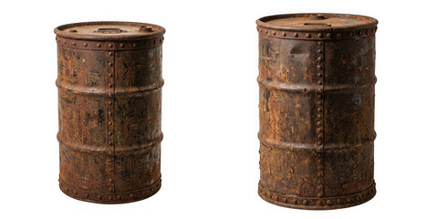 Naklejka premium Two old, rusted metal industrial barrels standing side by side, isolated on transparent background