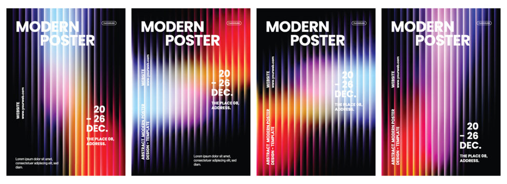 Set of four modern vertical poster templates featuring vibrant colorful gradient stripes against a deep black background for creative branding