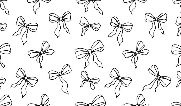 Hand Drawn Black Gift Bow Seamless Outline Vector Pattern