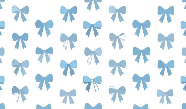 Blue Ribbon Bow Seamless Vector Pattern on White Background