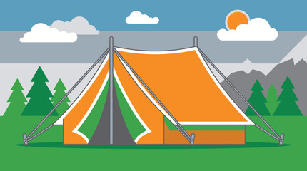 Orange tent in a green field with trees and mountains © MUKTARANI