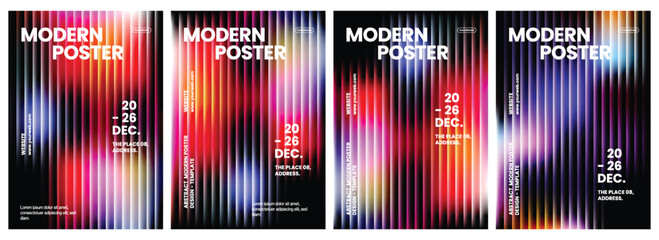 Four modern event poster templates featuring vibrant vertical light streaks with abstract gradients and bold typography for professional marketing designs © Sameer
