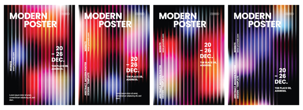Four modern event poster templates featuring vibrant vertical light streaks with abstract gradients and bold typography for professional marketing designs