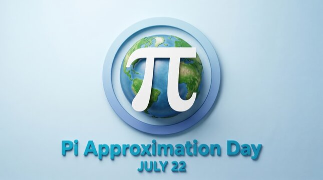 Pi approximation day featuring a white mathematical pi symbol centered over a globe with blue circular rings and text reading pi approximation day july 22 on a light blue background