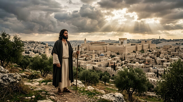Jesus christ looking over ancient jerusalem with the second temple under dramatic sky