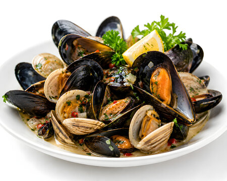 fresh seafood platter with mussels and clams gourmet shellfish dish served with lemon and herbs on white plate