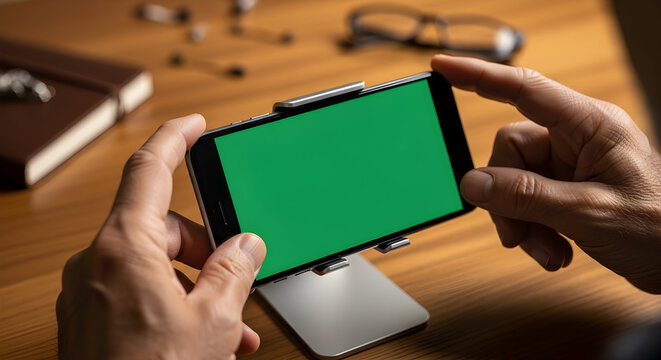 Hands Holding Smartphone with Green Screen on a Modern Stand in a Stylish Office Workspace with Stationery and Accessories on a Wooden Table