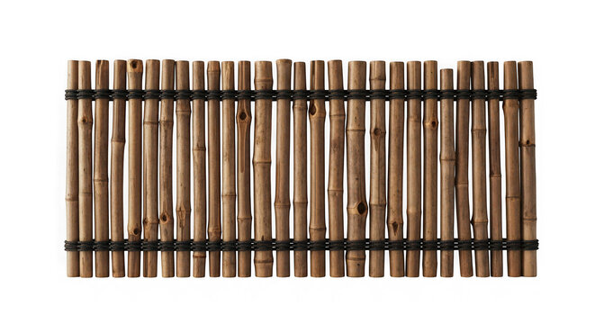 Bamboo fence panel made of natural bamboo sticks tied together with black wire, isolated on transparent background
