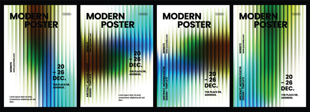 Four modern abstract poster templates featuring vibrant vertical gradient color stripes with bold typography for creative business event marketing displays