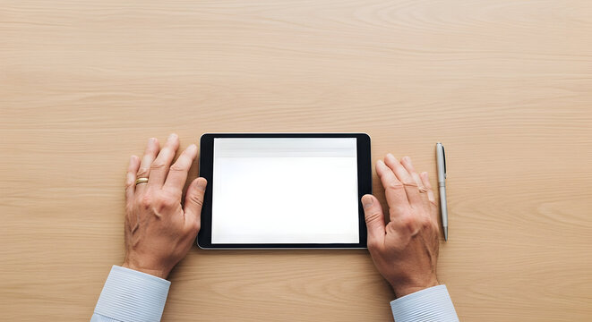 Closeup of Hands Holding a Tablet on a Wooden Desk with a Pen Nearby, Symbolizing Technology and Modern Workspace Interaction