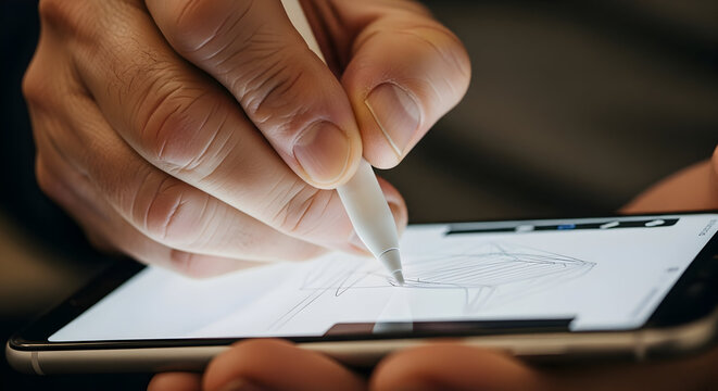 Close-Up of a Hand Holding a Stylus While Creating a Digital Drawing on a Smartphone Screen with Intricate Line Details and Vibrant Colors