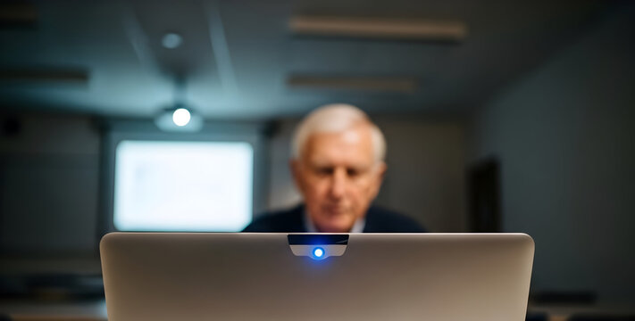 Elderly Man Participating in a Virtual Business Meeting with a Laptop in a Conference Room Setting