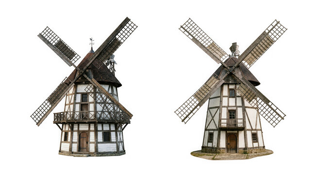 Two traditional wooden windmills with rotating blades isolated on transparent background