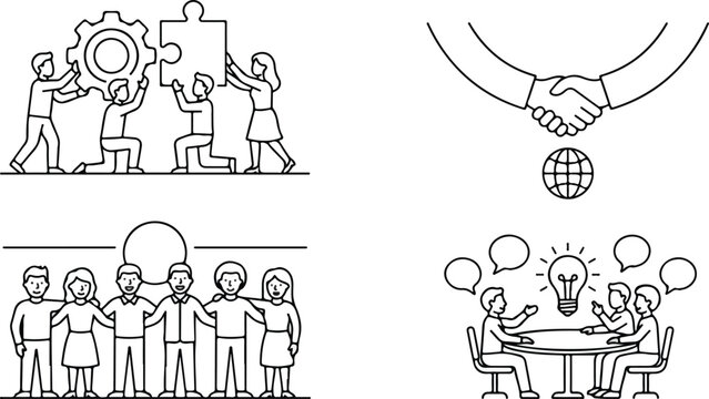 Teamwork puzzle assembly global partnership community brainstorm matrix icon layout