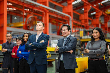 Fototapeta premium Confident executive leadership team standing with engineers and factory workers inside manufacturing Industrial management, business leadership, workplace diversity, production, corporate success.