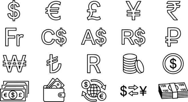 International global currency symbol and monetary transactions linear icons set