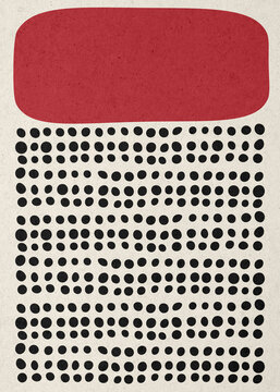 Abstract midcentury geometric pattern with red shape and black dot
