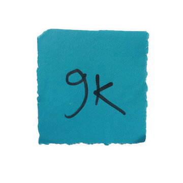 Blue square paper note with handwritten 9k text isolated on a transparent background