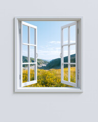 Realistic open window wall mural overlooking a green countryside landscape, decorative wall art creating a peaceful natural view for home interiors. © Penkinn