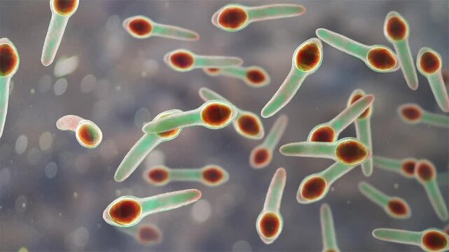 Clostridium botulinum bacterium, 3D animation showing rod-shaped anaerobic bacteria with subterminal endospores giving a tennis-racket appearance.