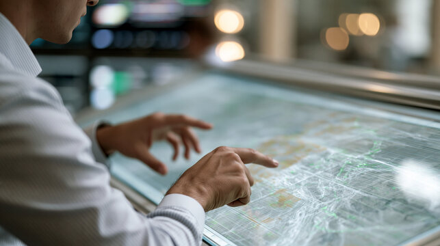 Grid operator using two-finger gestures on a translucent holographic display to redirect load flows between renewable substations, amber warning zones shifting to green in real