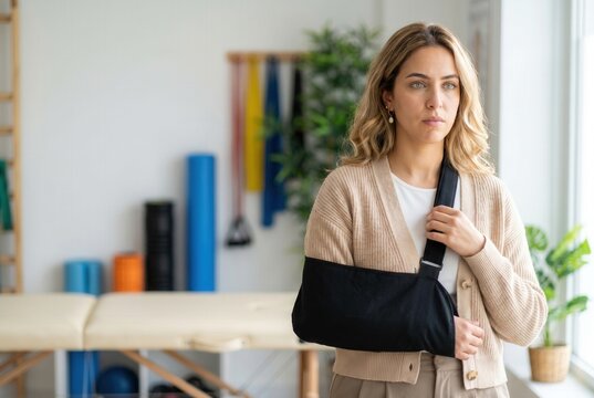 Young woman feeling pain and needing therapy for an injured arm in a medical setting