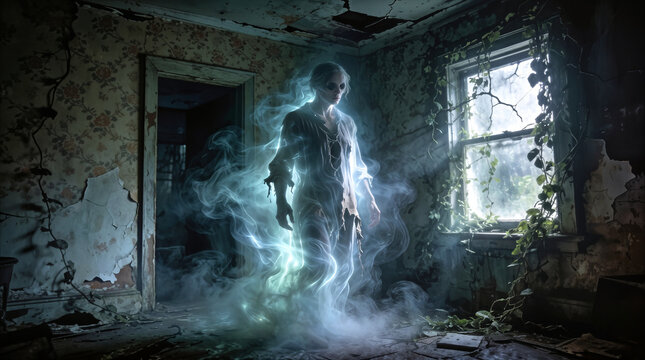 Spectral female figure manifesting in ruined interior of abandoned house. Paranormal activity concept in derelict residential building.