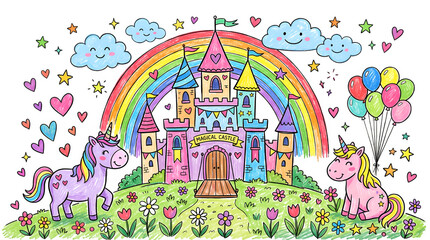 Obraz premium Children's Fairytale Unicorn Landscape with Rainbow Castle and Happy Meadow