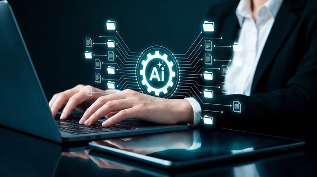 business professional using ai workflow automation for files. modern corporate setting with smart document handling, connected folders, and streamlined productivity tools.


