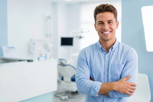Young man smiling, showing healthy white teeth in a modern dental office
