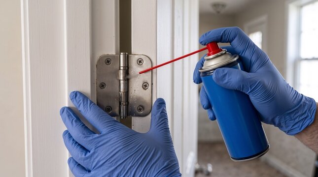 Maintenance technician spraying lubricant oil on metal door hinge closeup