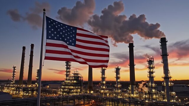 American Flag Waves Over Industrial Refinery at Sunset - An American flag gracefully waves in the foreground against a backdrop of a sprawling industrial refinery complex.
