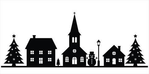 Naklejka premium Black Silhouette of a Festive Christmas Village Scene with Snowman and Trees town