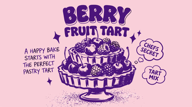 Berry fruit tart vintage artwork. Dessert bakery t shirt design. Retro pastry illustration.
