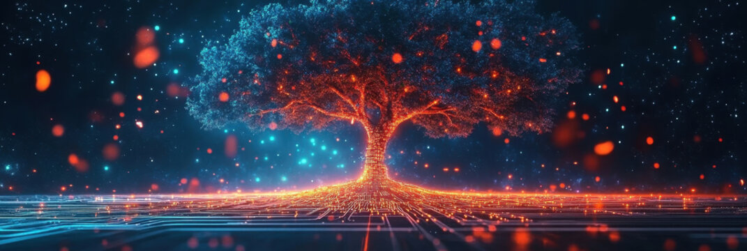 vibrant digital tree grows from a glowing circuit board, blending nature and technology