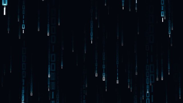 Animated 4K matrix style binary code rain falling down with glowing blue digital numbers on a black background loop.