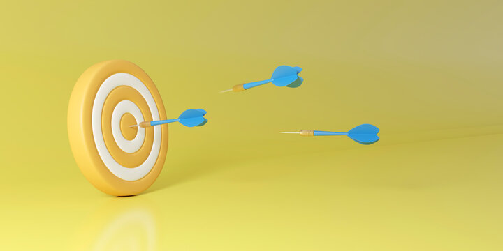 3D render of blue darts hitting a yellow bullseye for success