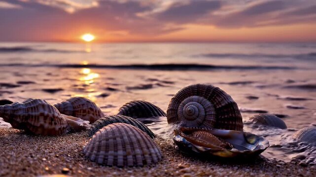 Seashells on Beach at Sunset - A close-up view of various seashells resting on a sandy beach, with the gentle ocean waves reflecting the warm glow of the setting sun.