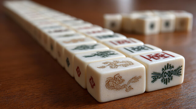 Closeup row of mahjong tiles on a wooden table for tabletop game background and decorative banner design