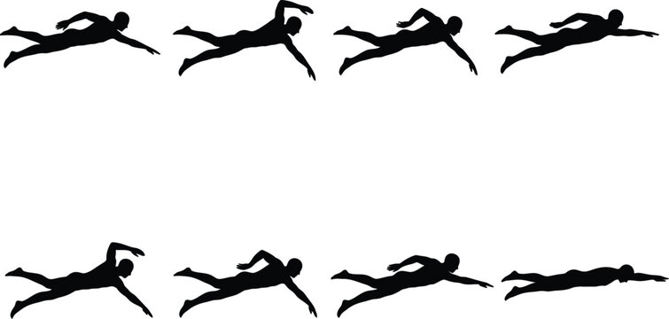 man swimming freestyle stroke sequence silhouette vector graphic element isolated on white background