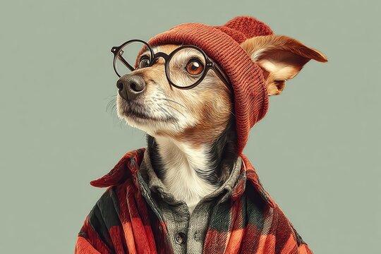 Hipster Dog with Glasses and Beanie: A quirky dog styled as a hipster, wearing a red beanie, round glasses, and a plaid shirt, looking thoughtfully to the side.