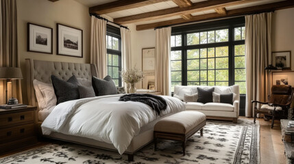 Fototapeta premium Luxury farmhouse decor with rich black accents bedroom