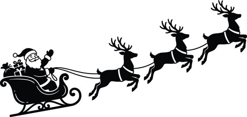 A classic black silhouette illustration of Santa Claus waving from his flying sleigh pulled by three graceful reindeers in motion © SyedmdAli