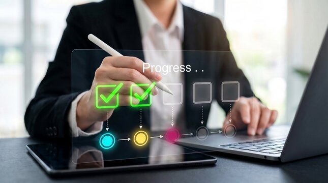 enterprise operations management using digital workflow checklist for real-time task approval and project tracking. professional environment featuring integrated business process automation and team